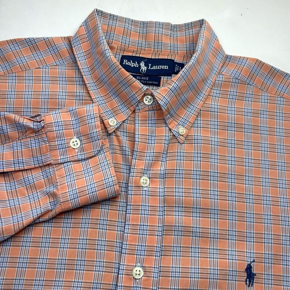Ralph Lauren Blake Mens L Cotton Orange Blue Check Long Sleeve Button Down Shirt